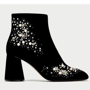 Zara Womens Black Velvet Velour Rhinestone Pearls Ankle Boots